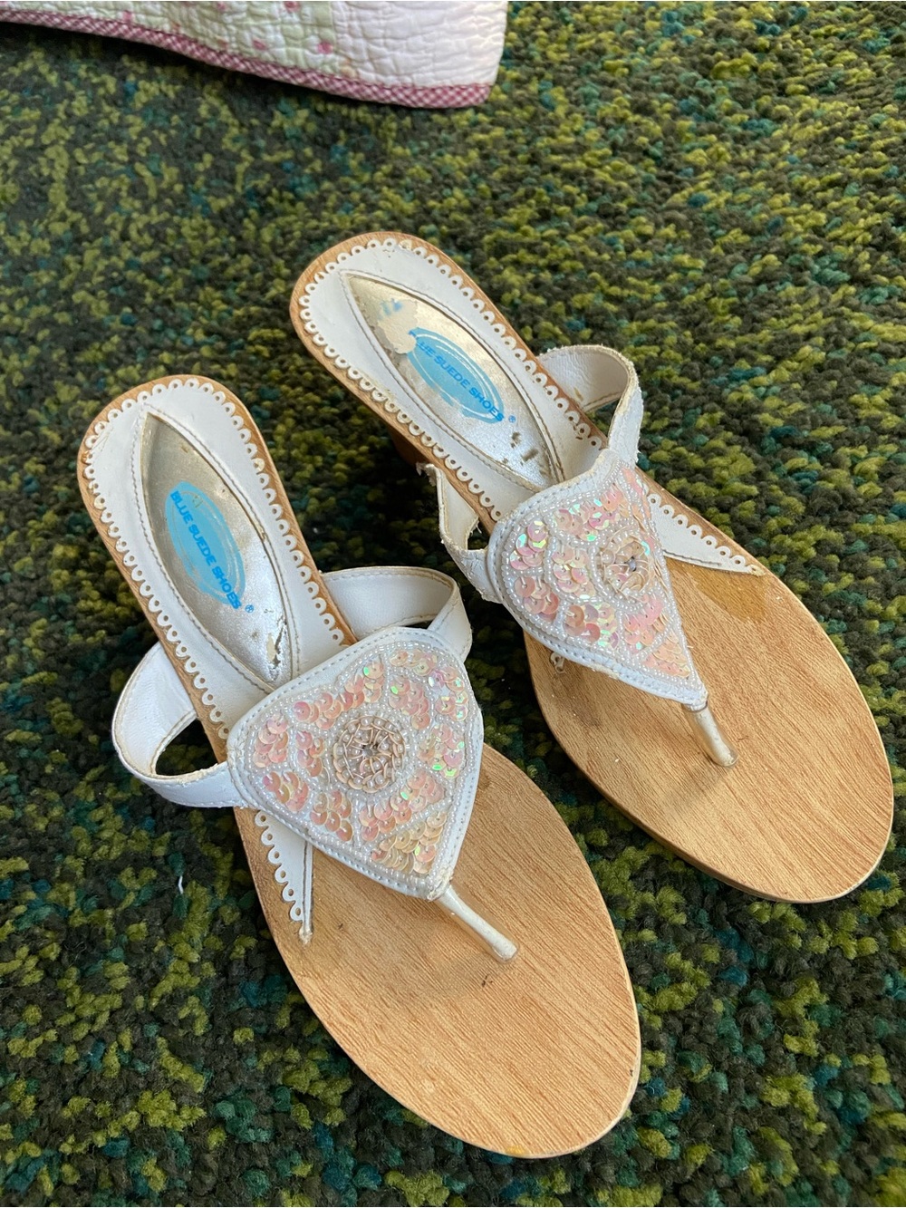 White Beaded Thong Wooden Heel Sandal